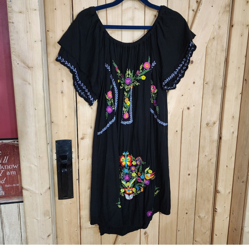 Back from Bali Embroidered Tunic Dress Black Floral Butterfly Boho Women Large